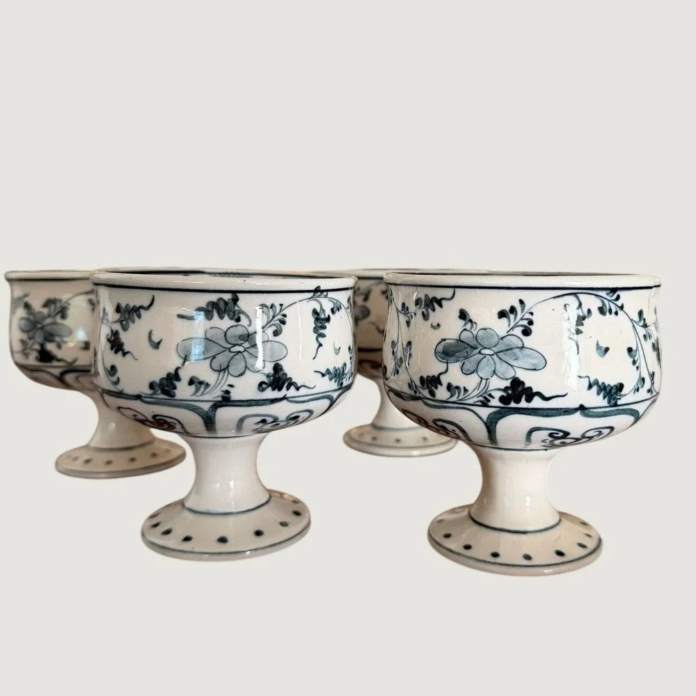 Footed Bowls 3.5in Blue White‎ Floral Ceramic Set of 4